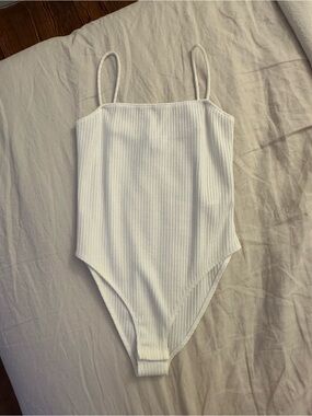 Topshop White Ribbed Square-Neck Tank Bodysuit